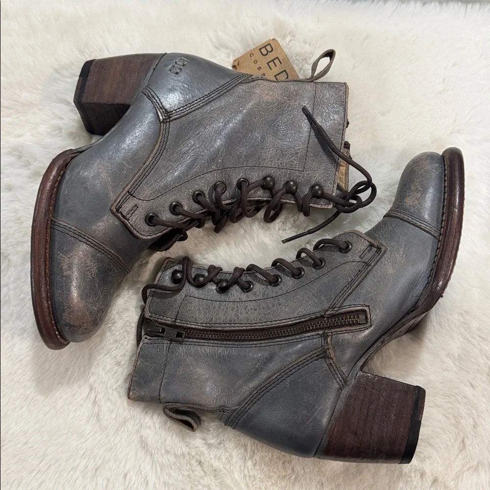 BED|STU Distressed Gray Leather Heeled Boots - Picture 2 of 13